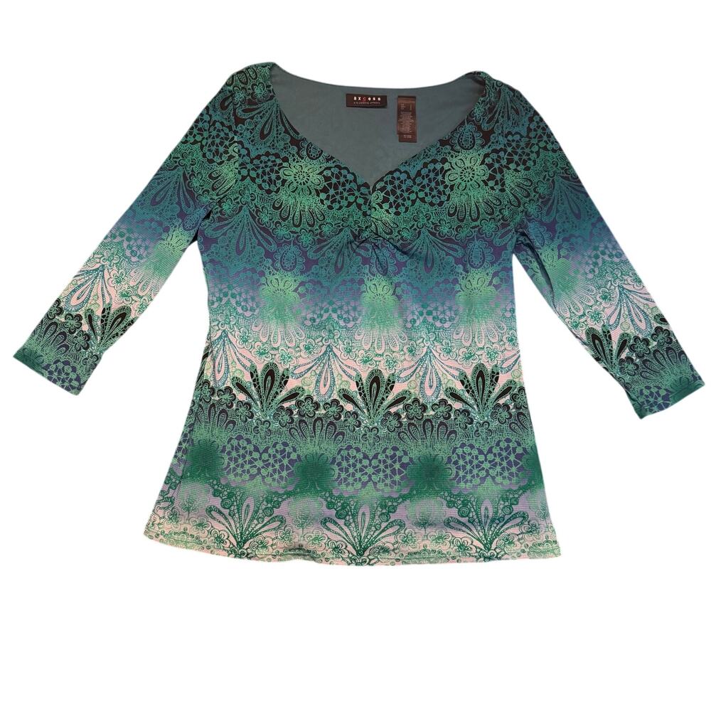 Axcess Liz‎ Claiborne V-Neck 3/4 Sleeve Top Large Blue Green Ombre Boho Floral